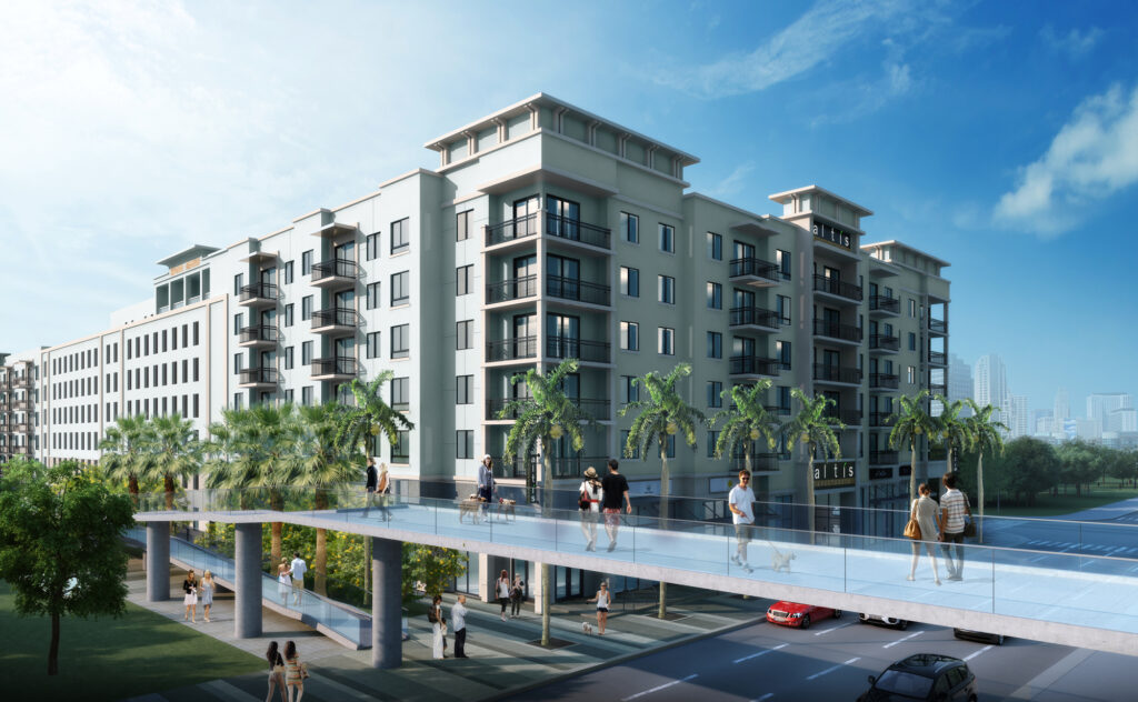 rendering of a beautiful condo building with people walking on a skywalk