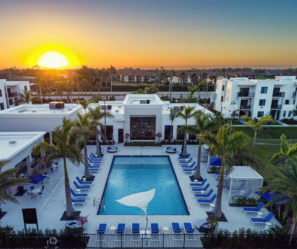 Altis Santa Barbara aerial sunset over the pool area